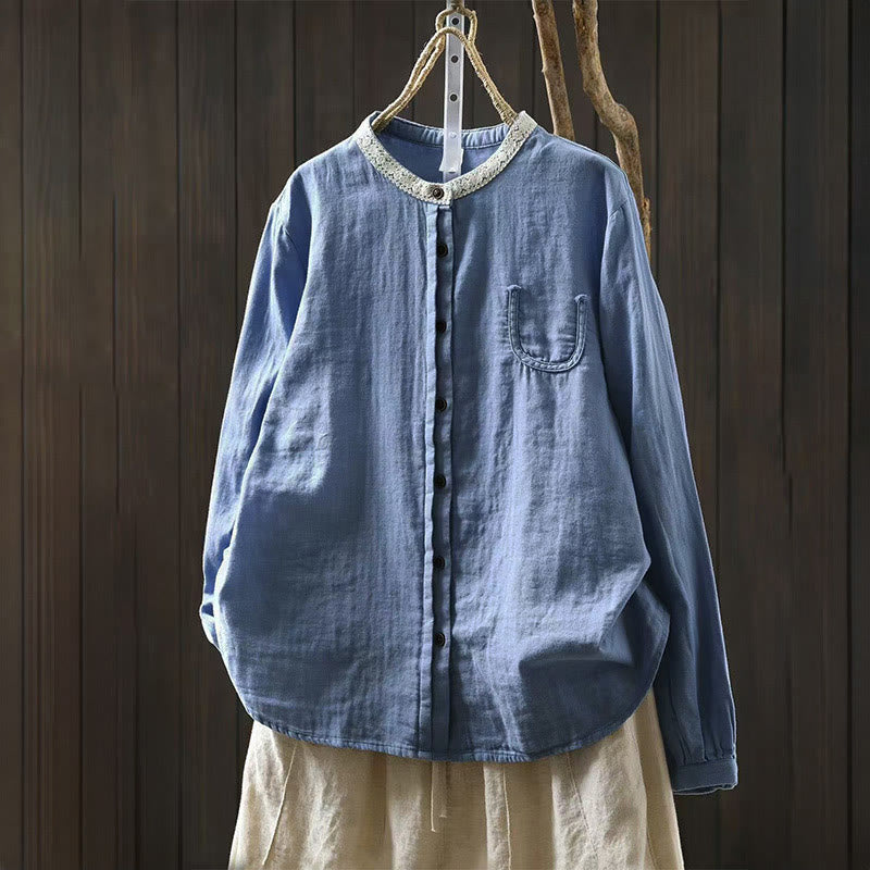 Buddha Stones Camicia da donna in cotone con colletto in pizzo, manica lunga, abbottonata, primavera-autunno - AzzurroCielo Chiaro - US6, UK/AU10, EU38 (L) - image 0