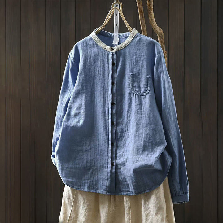 Buddha Stones Camicia da donna in cotone con colletto in pizzo, manica lunga, abbottonata, primavera-autunno - AzzurroCielo Chiaro - US6, UK/AU10, EU38 (L) - image 0