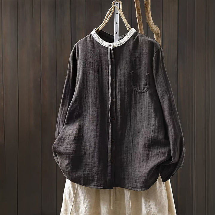 Buddha Stones Camicia da donna in cotone con colletto in pizzo, manica lunga, abbottonata, primavera-autunno - Grigio scuro - US6, UK/AU10, EU38 (L) - image 16