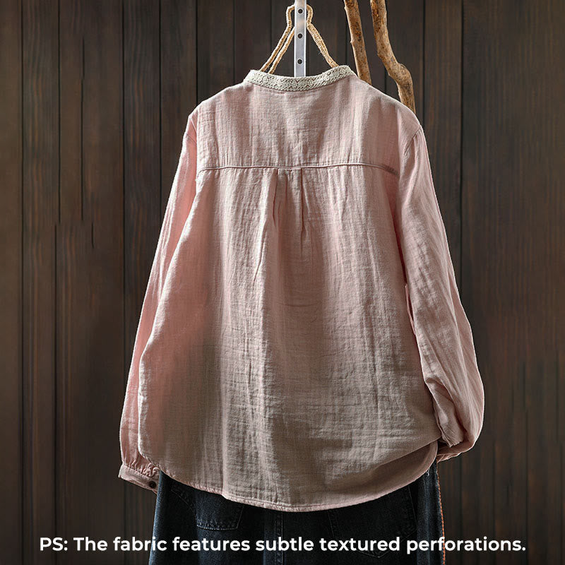 Buddha Stones Camicia da donna in cotone con colletto in pizzo, manica lunga, abbottonata, primavera-autunno - image 4