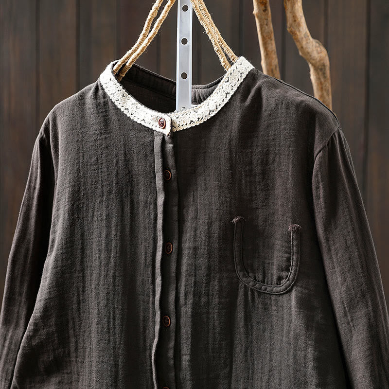 Buddha Stones Camicia da donna in cotone con colletto in pizzo, manica lunga, abbottonata, primavera-autunno - image 17