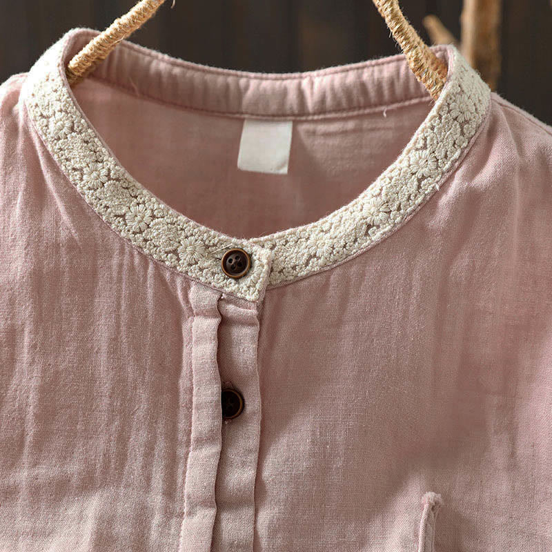 Buddha Stones Camicia da donna in cotone con colletto in pizzo, manica lunga, abbottonata, primavera-autunno - image 8