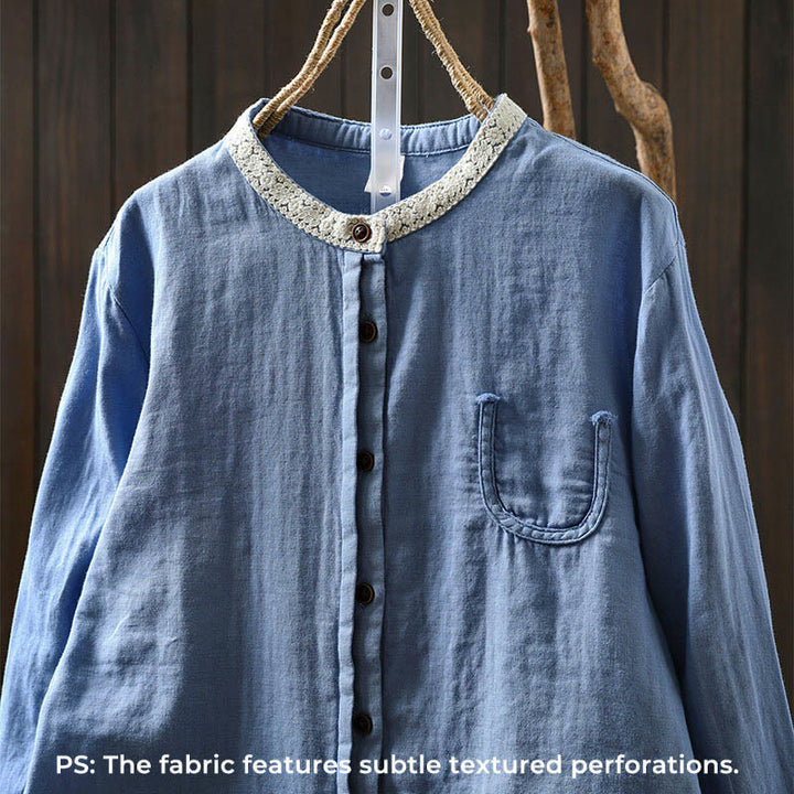 Buddha Stones Camicia da donna in cotone con colletto in pizzo, manica lunga, abbottonata, primavera-autunno - image 1