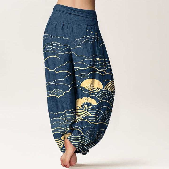 Pantaloni harem da donna con elastico in vita, motivo a spirale, in cotone con nuvole classiche, motivo Buddha Stones - image 1
