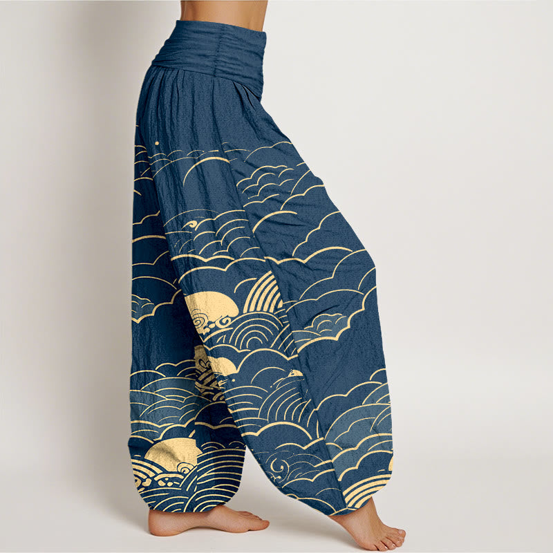 Pantaloni harem da donna con elastico in vita, motivo a spirale, in cotone con nuvole classiche, motivo Buddha Stones - image 2