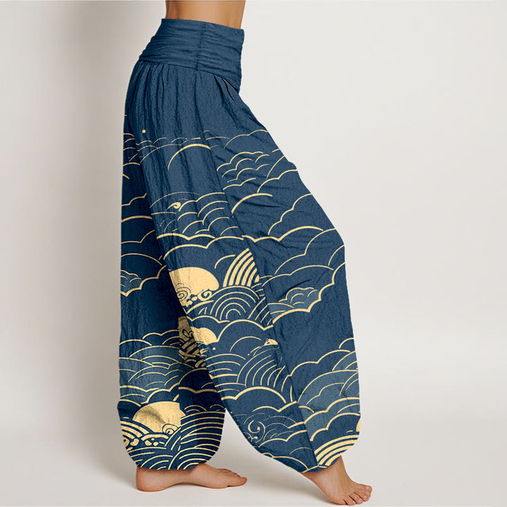 Pantaloni harem da donna con elastico in vita, motivo a spirale, in cotone con nuvole classiche, motivo Buddha Stones - image 2