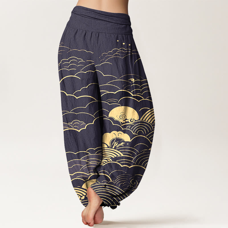 Pantaloni harem da donna con elastico in vita, motivo a spirale, in cotone con nuvole classiche, motivo Buddha Stones - image 6