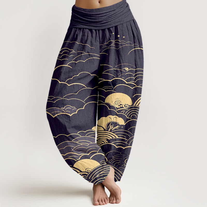 Pantaloni harem da donna con elastico in vita, motivo a spirale, in cotone con nuvole classiche, motivo Buddha Stones - Blu notte - US16, UK/AU20, EU48 (3XL) - image 5