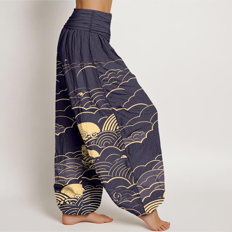 Pantaloni harem da donna con elastico in vita, motivo a spirale, in cotone con nuvole classiche, motivo Buddha Stones - image 7