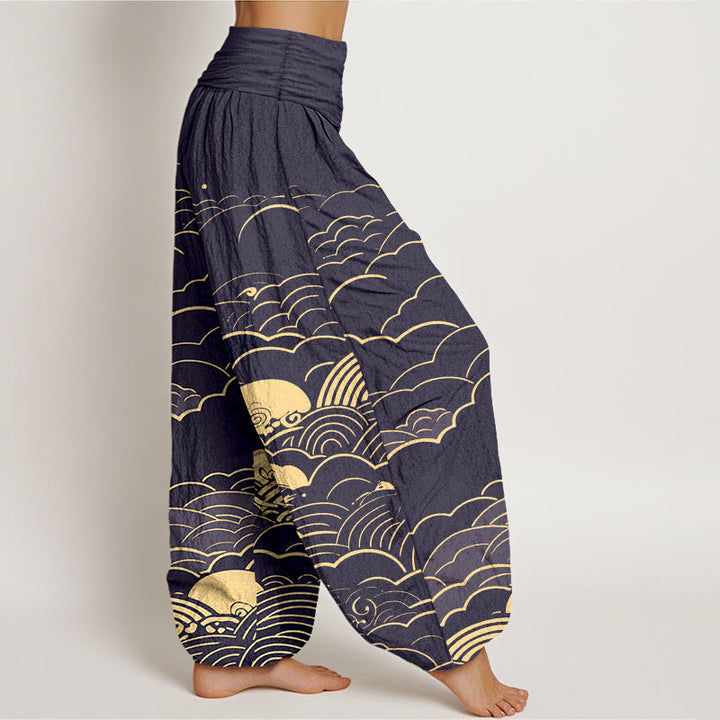 Pantaloni harem da donna con elastico in vita, motivo a spirale, in cotone con nuvole classiche, motivo Buddha Stones - image 7