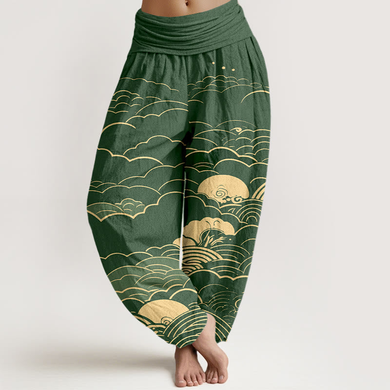 Pantaloni harem da donna con elastico in vita, motivo a spirale, in cotone con nuvole classiche, motivo Buddha Stones - Verde - US16, UK/AU20, EU48 (3XL) - image 8