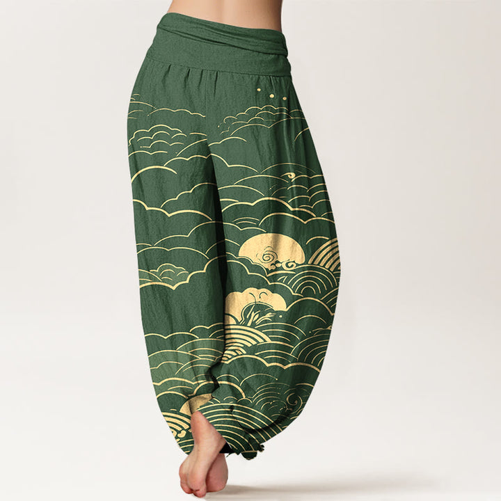 Pantaloni harem da donna con elastico in vita, motivo a spirale, in cotone con nuvole classiche, motivo Buddha Stones - image 9