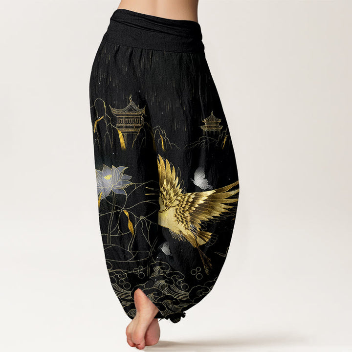 Pantaloni harem da donna con elastico in vita, modello Buddha Stones Cotton Crane Lotus Mountain Pavilion - image 1