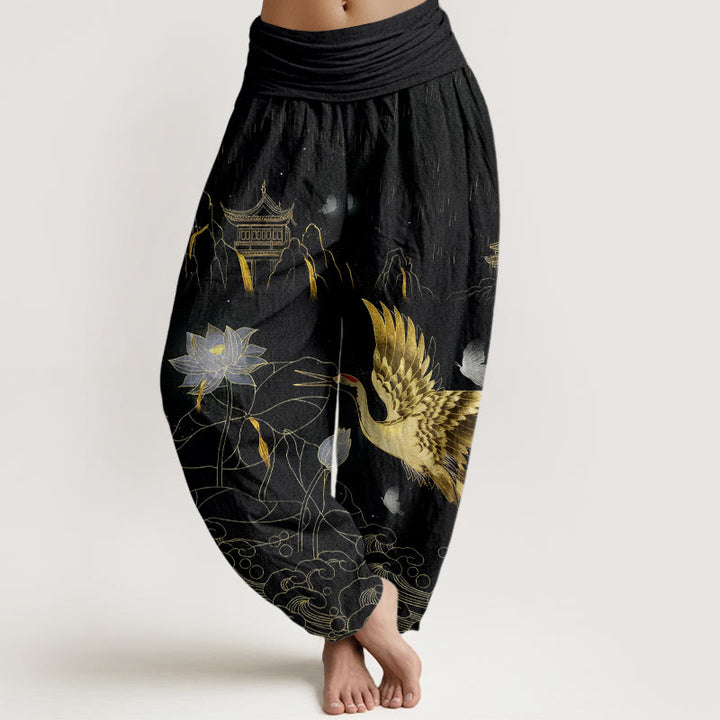 Pantaloni harem da donna con elastico in vita, modello Buddha Stones Cotton Crane Lotus Mountain Pavilion - Nero - US16, UK/AU20, EU48 (3XL) - image 0