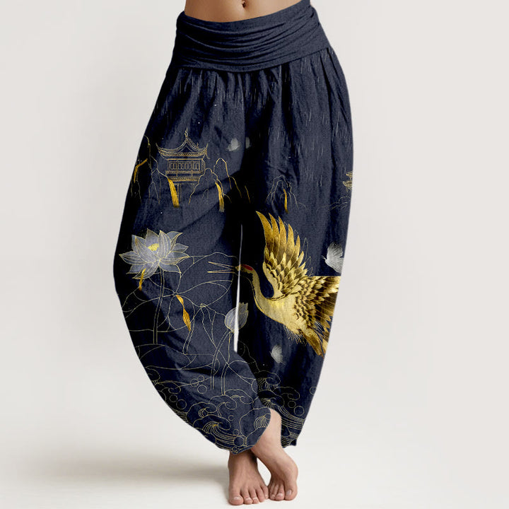 Pantaloni harem da donna con elastico in vita, modello Buddha Stones Cotton Crane Lotus Mountain Pavilion - Blu notte - US16, UK/AU20, EU48 (3XL) - image 5