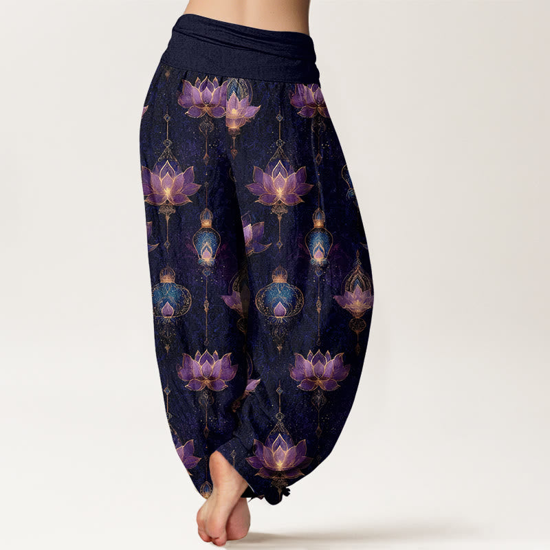 Pantaloni harem da donna con elastico in vita, in cotone, con motivo a lanterna di loto, modello Buddha Stones - image 1