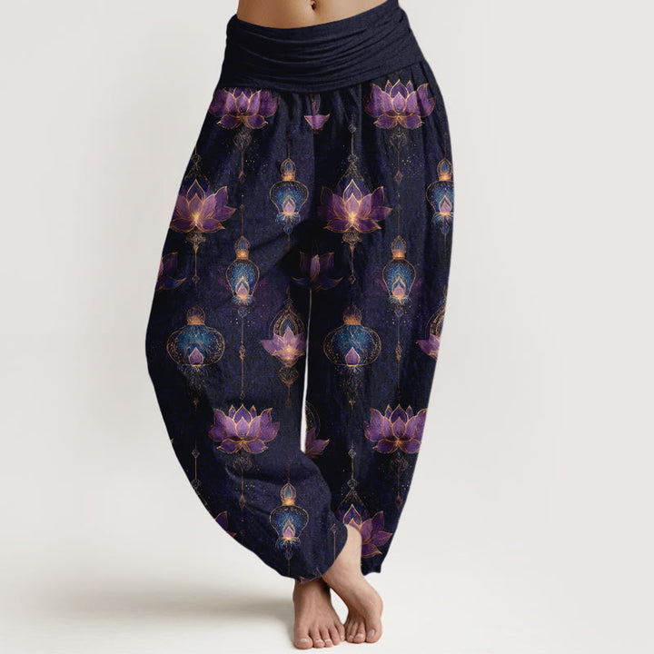 Pantaloni harem da donna con elastico in vita, in cotone, con motivo a lanterna di loto, modello Buddha Stones - Indaco - US16, UK/AU20, EU48 (3XL) - image 0