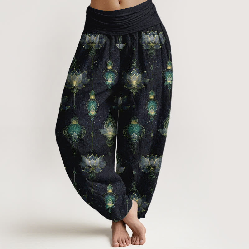 Pantaloni harem da donna con elastico in vita, in cotone, con motivo a lanterna di loto, modello Buddha Stones - Blu notte - US16, UK/AU20, EU48 (3XL) - image 5