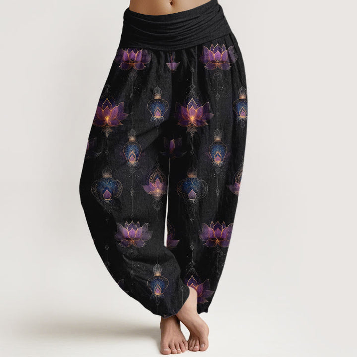 Pantaloni harem da donna con elastico in vita, in cotone, con motivo a lanterna di loto, modello Buddha Stones - Nero - US16, UK/AU20, EU48 (3XL) - image 8