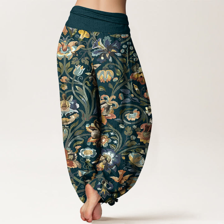 Pantaloni harem da donna con elastico in vita, in cotone, con motivo retrò di fiori e uccelli, motivo Buddha Stones - image 1