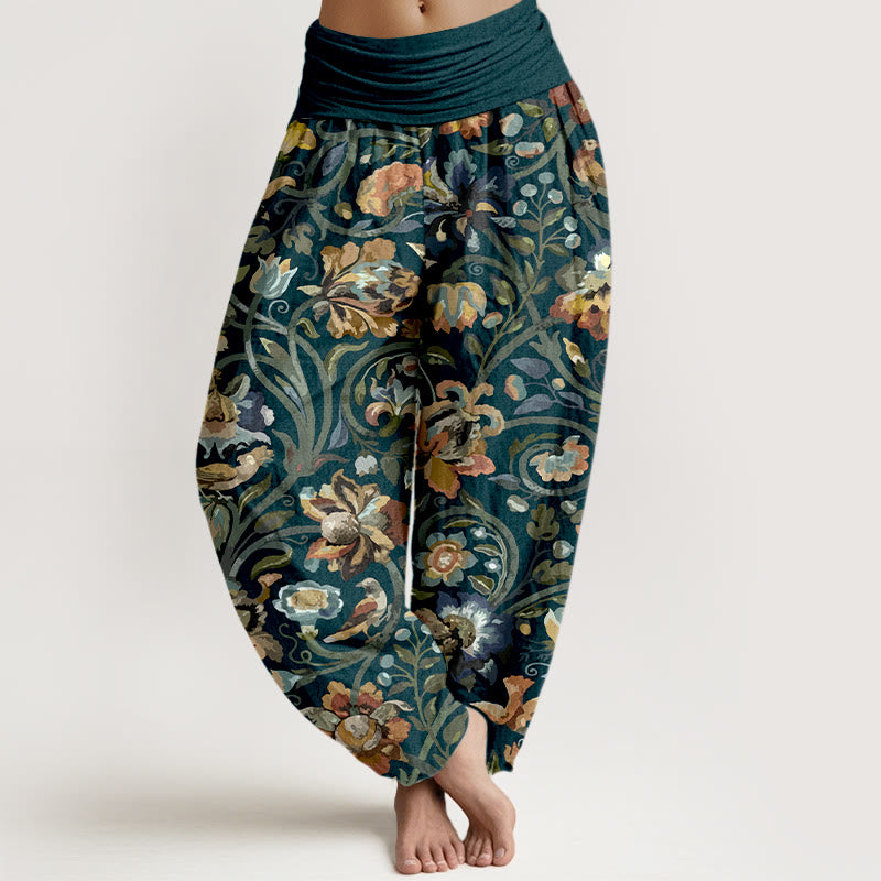 Pantaloni harem da donna con elastico in vita, in cotone, con motivo retrò di fiori e uccelli, motivo Buddha Stones - Marina - US16, UK/AU20, EU48 (3XL) - image 0