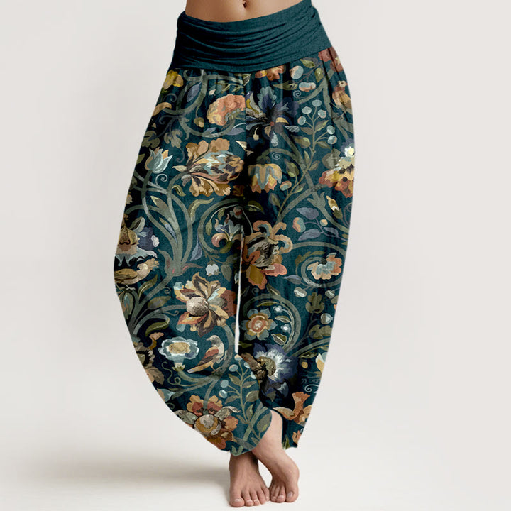 Pantaloni harem da donna con elastico in vita, in cotone, con motivo retrò di fiori e uccelli, motivo Buddha Stones - Marina - US16, UK/AU20, EU48 (3XL) - image 0