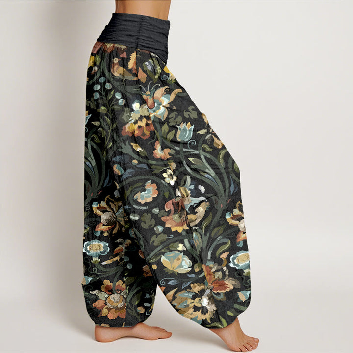 Pantaloni harem da donna con elastico in vita, in cotone, con motivo retrò di fiori e uccelli, motivo Buddha Stones - image 10