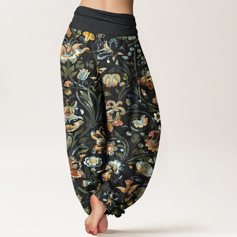 Pantaloni harem da donna con elastico in vita, in cotone, con motivo retrò di fiori e uccelli, motivo Buddha Stones - image 9