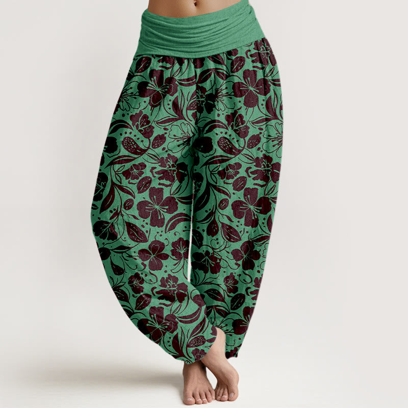 Pantaloni harem da donna con elastico in vita, in cotone, con motivo a fiori e foglie ripetuti, motivo Buddha Stones - Verdemare medio - US16, UK/AU20, EU48 (3XL) - image 0