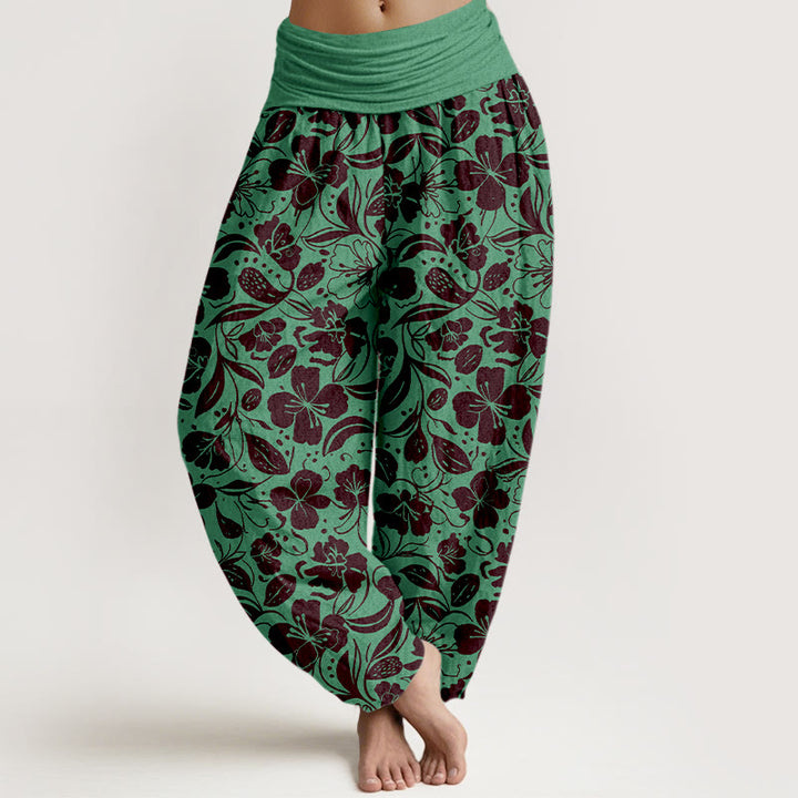 Pantaloni harem da donna con elastico in vita, in cotone, con motivo a fiori e foglie ripetuti, motivo Buddha Stones - Verdemare medio - US16, UK/AU20, EU48 (3XL) - image 0