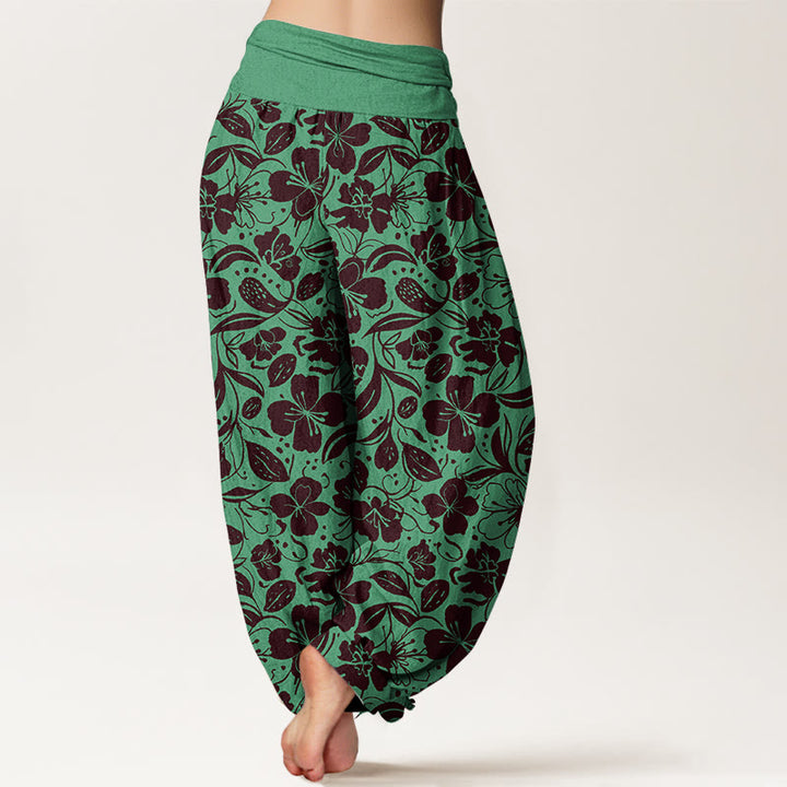 Pantaloni harem da donna con elastico in vita, in cotone, con motivo a fiori e foglie ripetuti, motivo Buddha Stones - image 1