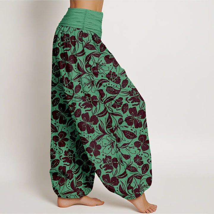 Pantaloni harem da donna con elastico in vita, in cotone, con motivo a fiori e foglie ripetuti, motivo Buddha Stones - image 2