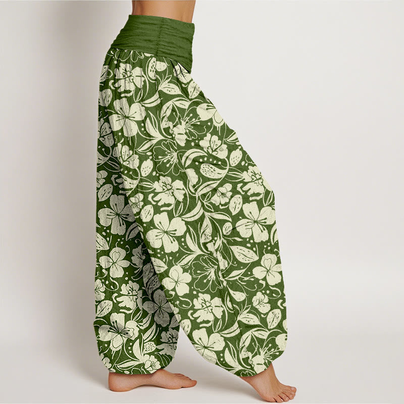 Pantaloni harem da donna con elastico in vita, in cotone, con motivo a fiori e foglie ripetuti, motivo Buddha Stones - image 7