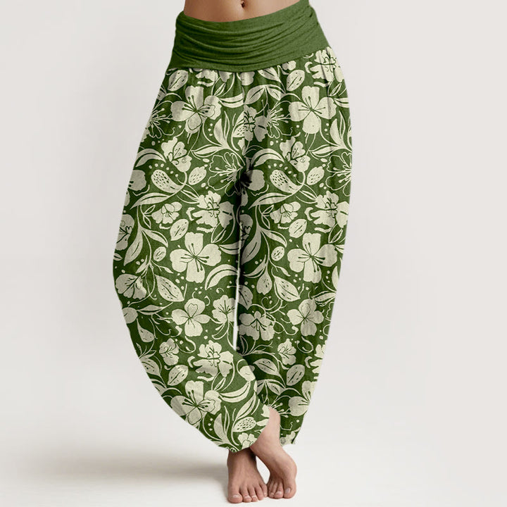Pantaloni harem da donna con elastico in vita, in cotone, con motivo a fiori e foglie ripetuti, motivo Buddha Stones - Verde oliva - US16, UK/AU20, EU48 (3XL) - image 5