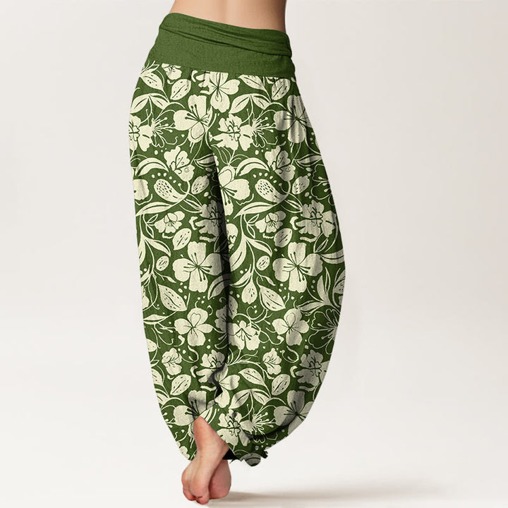 Pantaloni harem da donna con elastico in vita, in cotone, con motivo a fiori e foglie ripetuti, motivo Buddha Stones - image 6