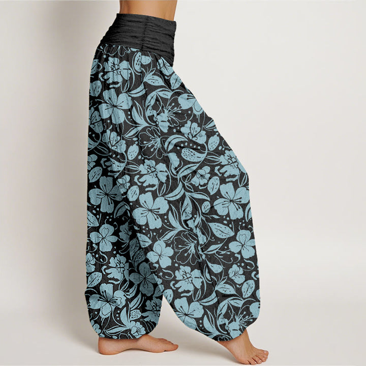Pantaloni harem da donna con elastico in vita, in cotone, con motivo a fiori e foglie ripetuti, motivo Buddha Stones - image 10