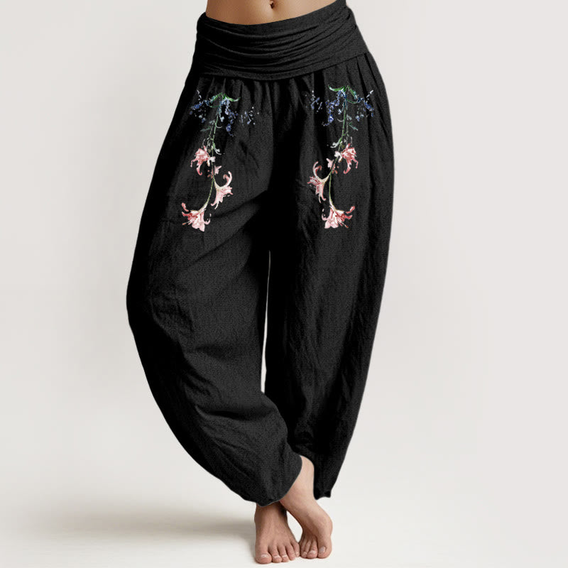 Pantaloni harem da donna con elastico in vita, motivo floreale pastello semplice in puro cotone Buddha Stones - Nero - US16, UK/AU20, EU48 (3XL) - image 0