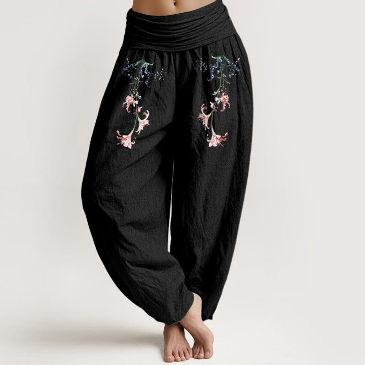 Pantaloni harem da donna con elastico in vita, motivo floreale pastello semplice in puro cotone Buddha Stones - Nero - US16, UK/AU20, EU48 (3XL) - image 0