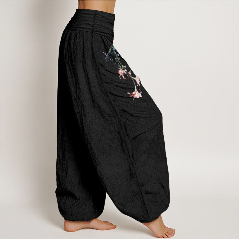 Pantaloni harem da donna con elastico in vita, motivo floreale pastello semplice in puro cotone Buddha Stones - image 2
