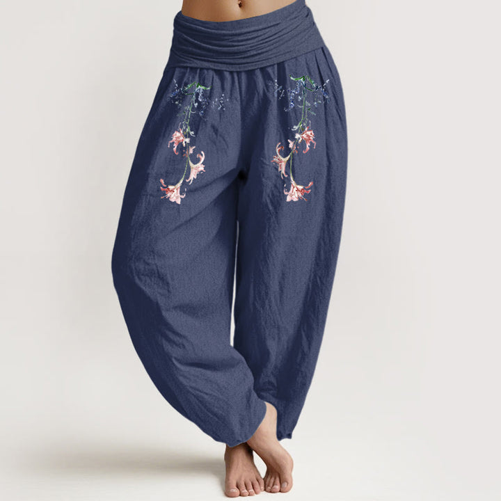 Pantaloni harem da donna con elastico in vita, motivo floreale pastello semplice in puro cotone Buddha Stones - DarkSlateBlue - US16, UK/AU20, EU48 (3XL) - image 5