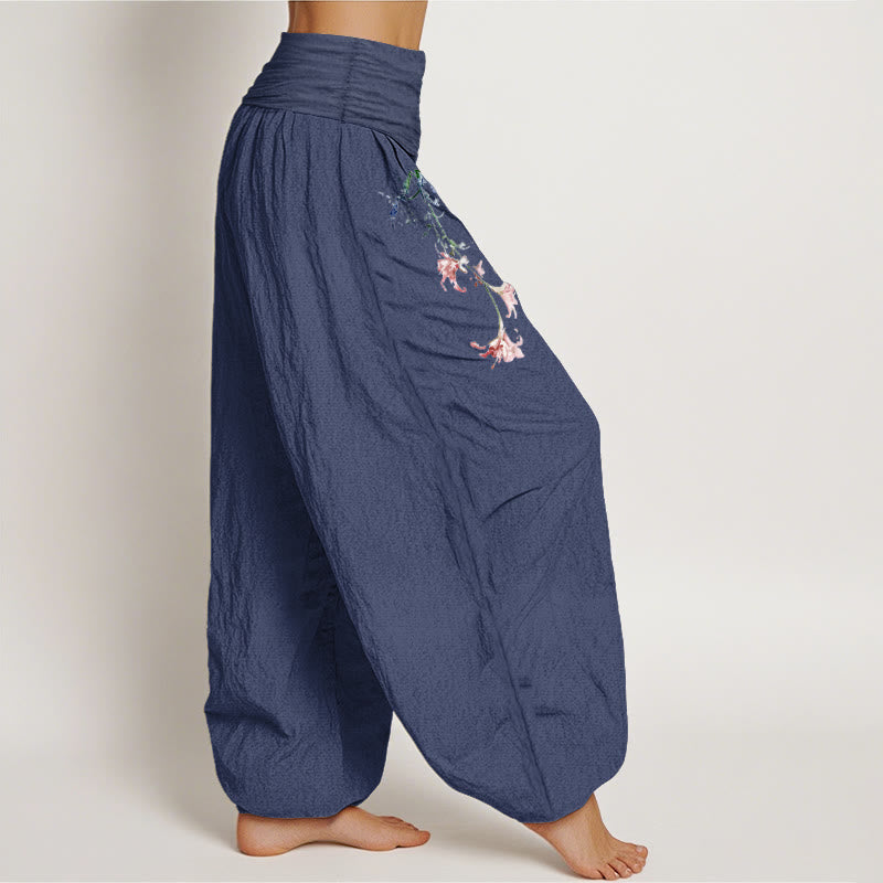 Pantaloni harem da donna con elastico in vita, motivo floreale pastello semplice in puro cotone Buddha Stones - image 7