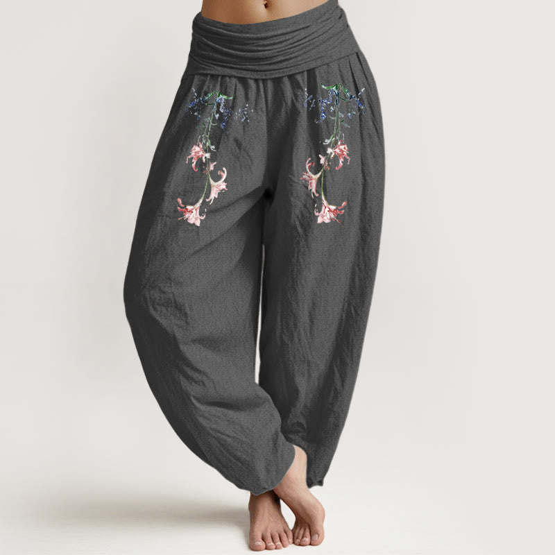 Pantaloni harem da donna con elastico in vita, motivo floreale pastello semplice in puro cotone Buddha Stones - Grigio scuro - US16, UK/AU20, EU48 (3XL) - image 8