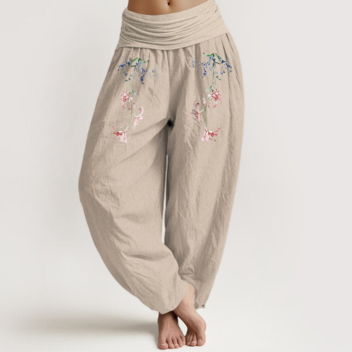 Pantaloni harem da donna con elastico in vita, motivo floreale pastello semplice in puro cotone Buddha Stones - Abbronzatura - US16, UK/AU20, EU48 (3XL) - image 11