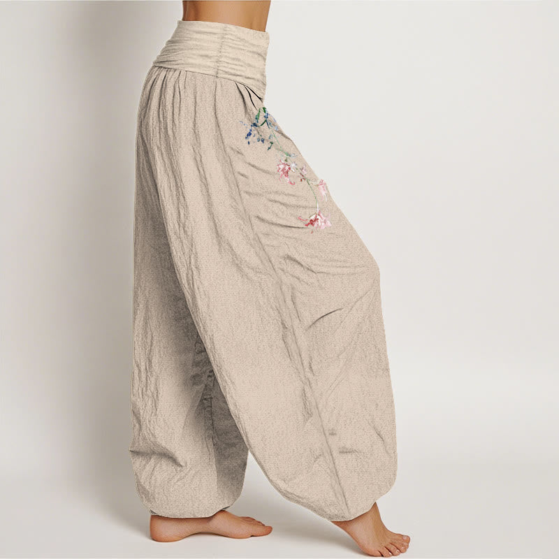 Pantaloni harem da donna con elastico in vita, motivo floreale pastello semplice in puro cotone Buddha Stones - image 13