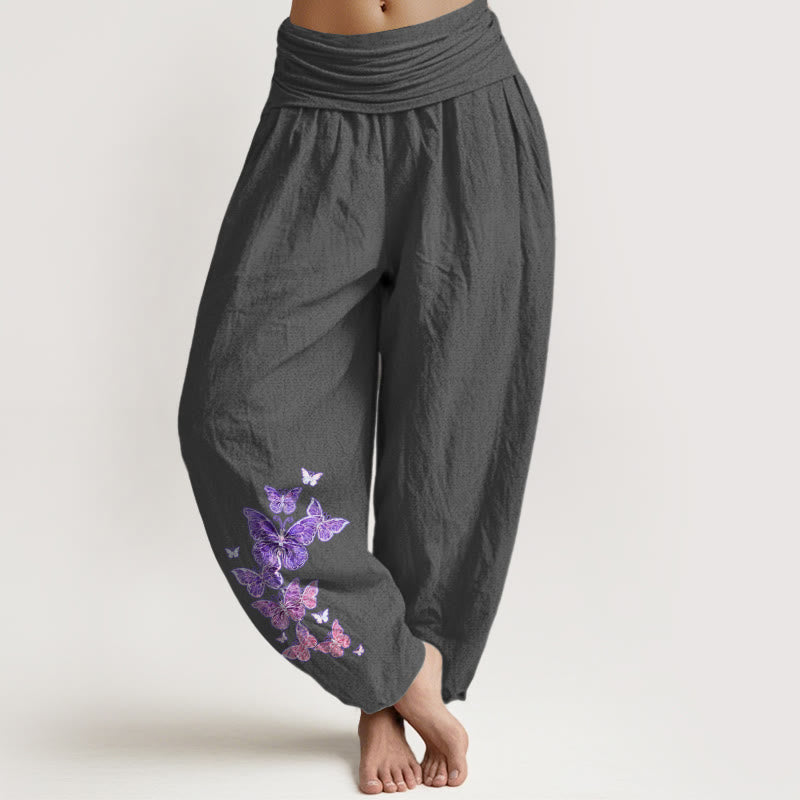 Pantaloni harem da donna con elastico in vita e motivo a farfalla in puro cotone color pastello Buddha Stones - Grigio scuro - US16, UK/AU20, EU48 (3XL) - image 0