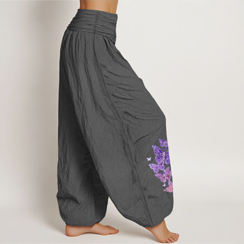 Pantaloni harem da donna con elastico in vita e motivo a farfalla in puro cotone color pastello Buddha Stones - image 2
