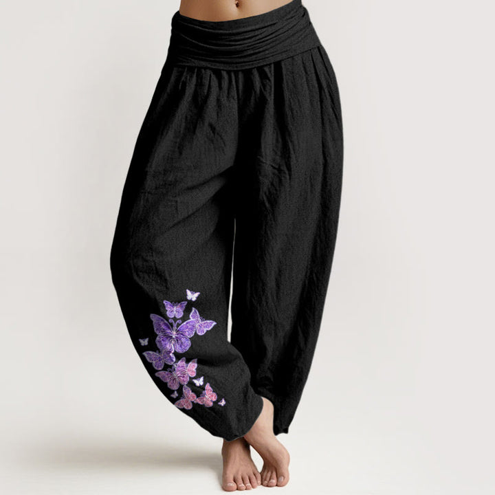 Pantaloni harem da donna con elastico in vita e motivo a farfalla in puro cotone color pastello Buddha Stones - Nero - US16, UK/AU20, EU48 (3XL) - image 5