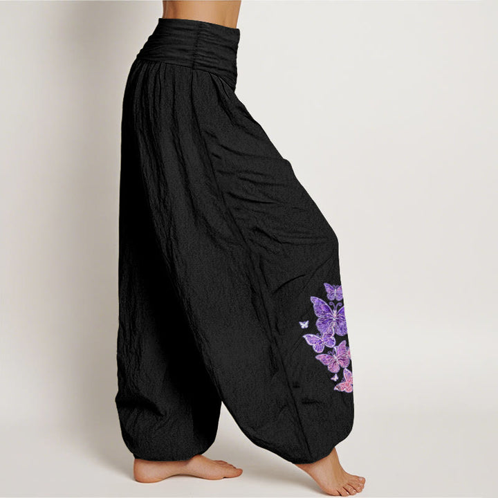 Pantaloni harem da donna con elastico in vita e motivo a farfalla in puro cotone color pastello Buddha Stones - image 7