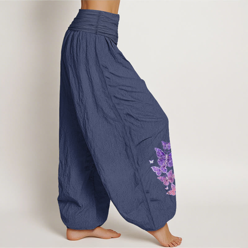 Pantaloni harem da donna con elastico in vita e motivo a farfalla in puro cotone color pastello Buddha Stones - image 10