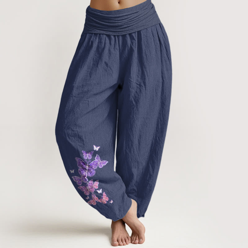 Pantaloni harem da donna con elastico in vita e motivo a farfalla in puro cotone color pastello Buddha Stones - Blu ardesia scuro - US16, UK/AU20, EU48 (3XL) - image 8